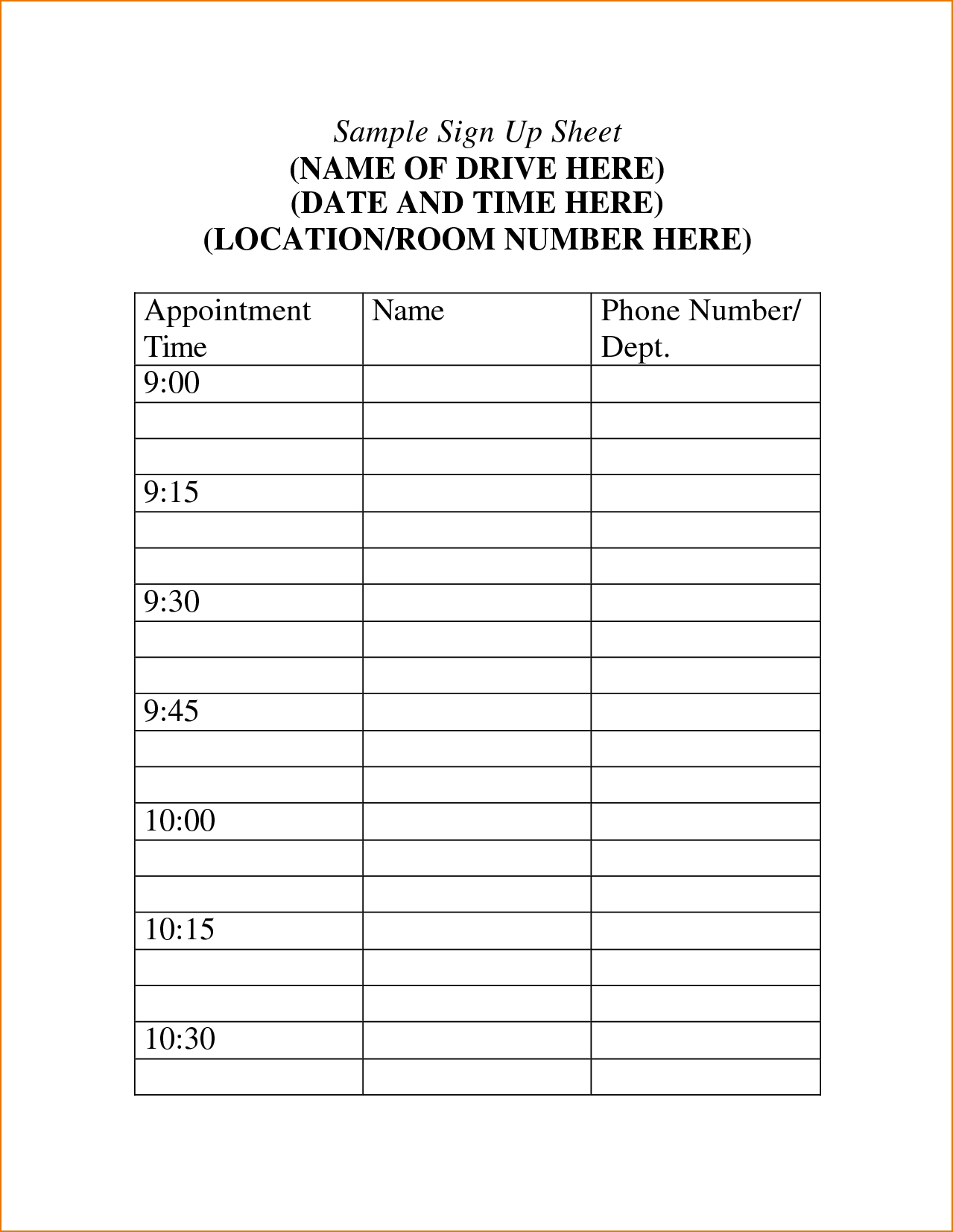 Take Time Slot Sign Up Sheet Template Excel
