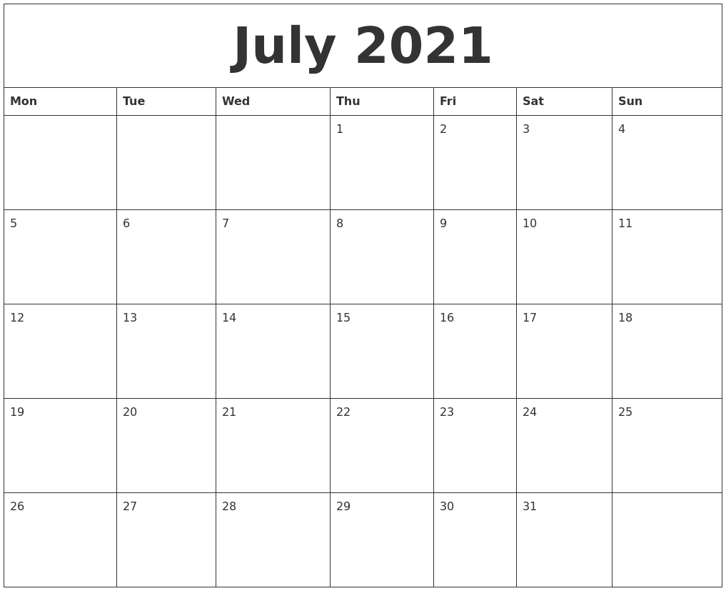 Catch 2021 Monday To Sunday Calendar Printable Free