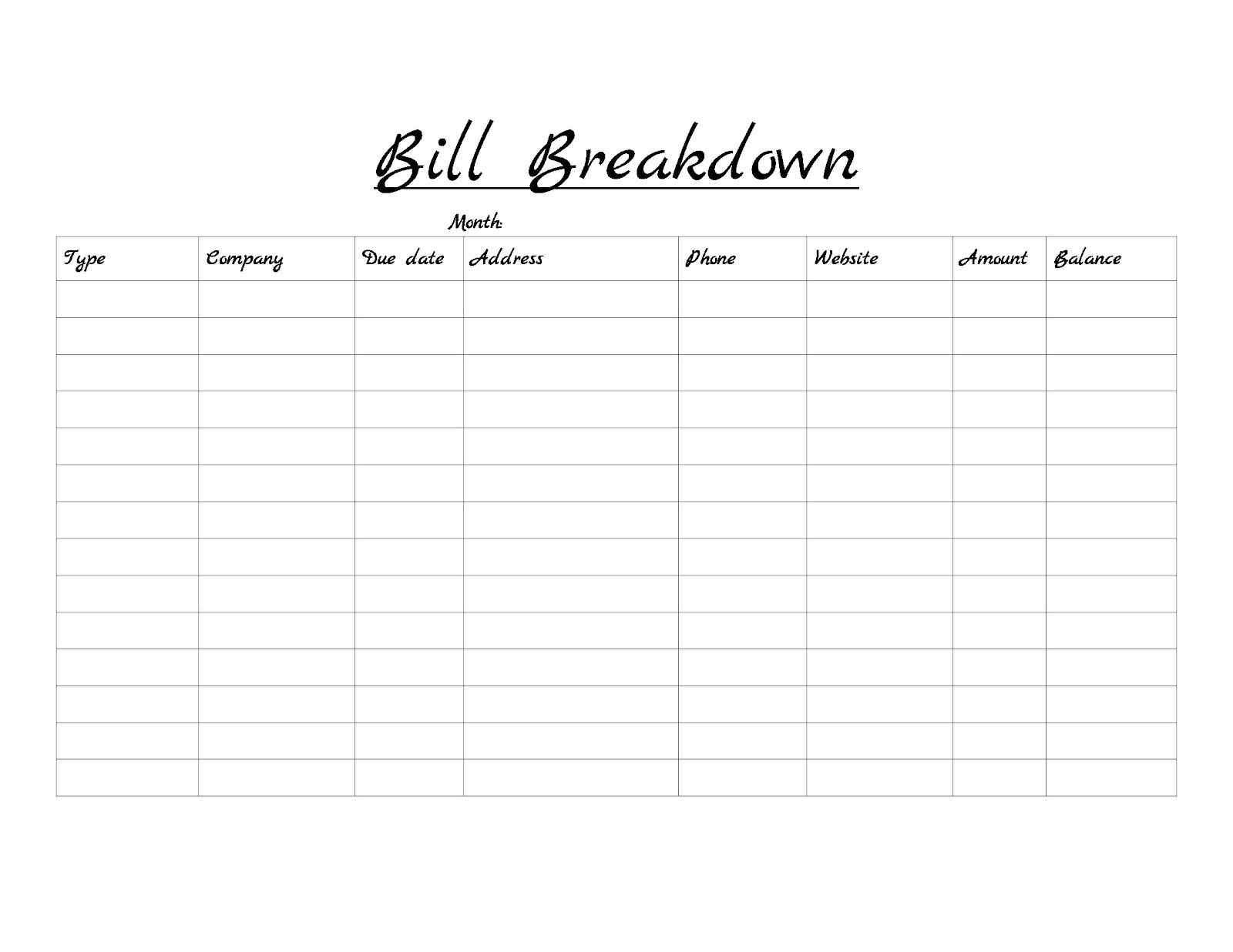 Collect Blank Monthly Bills Calendar