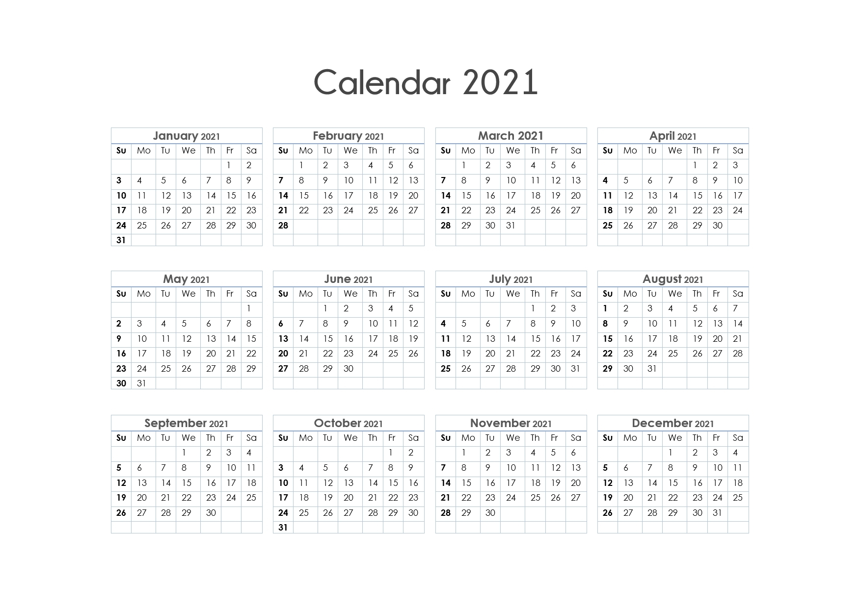 Collect Free Printable Calendar 2021 Monthly No Download