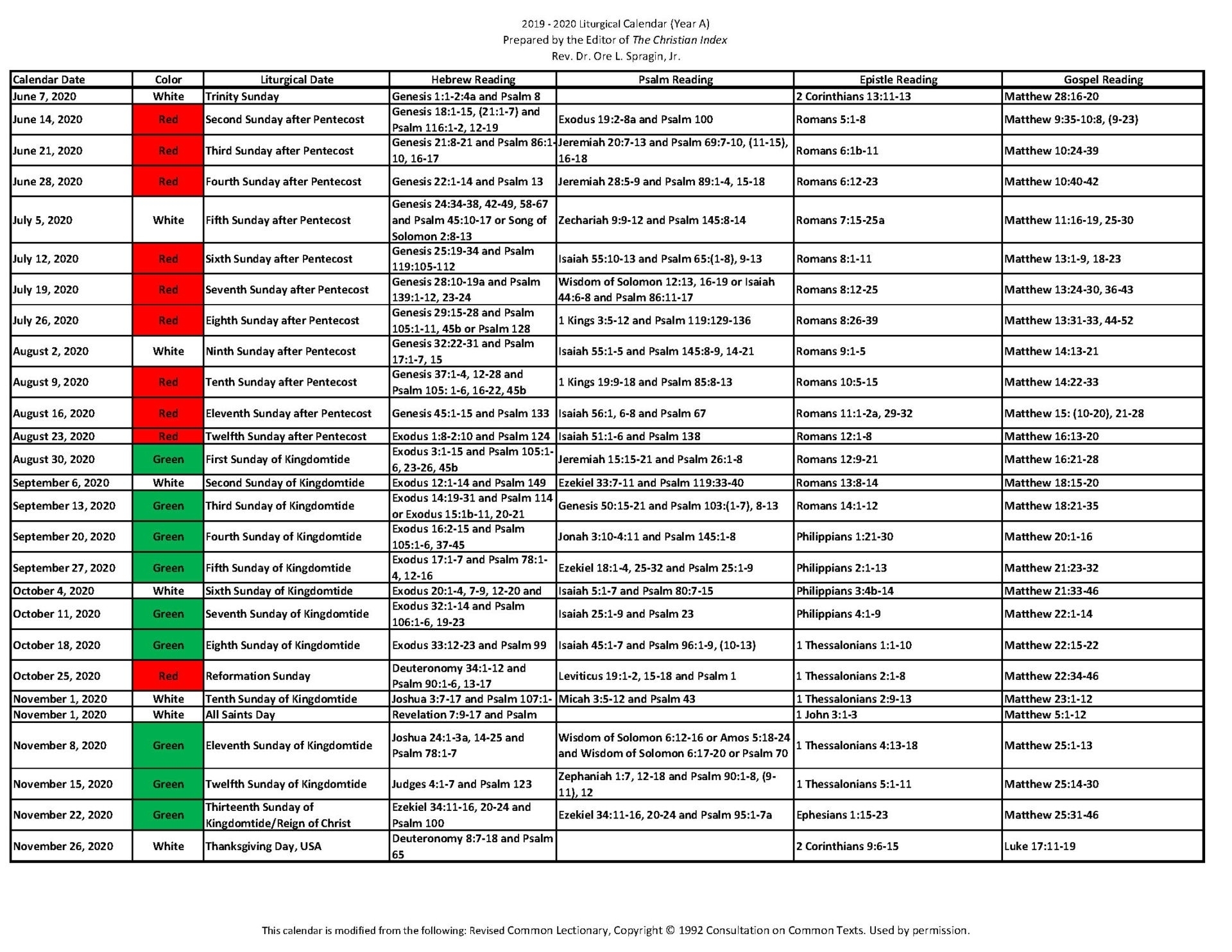 Collect Liturgical Calendar Colors 2021