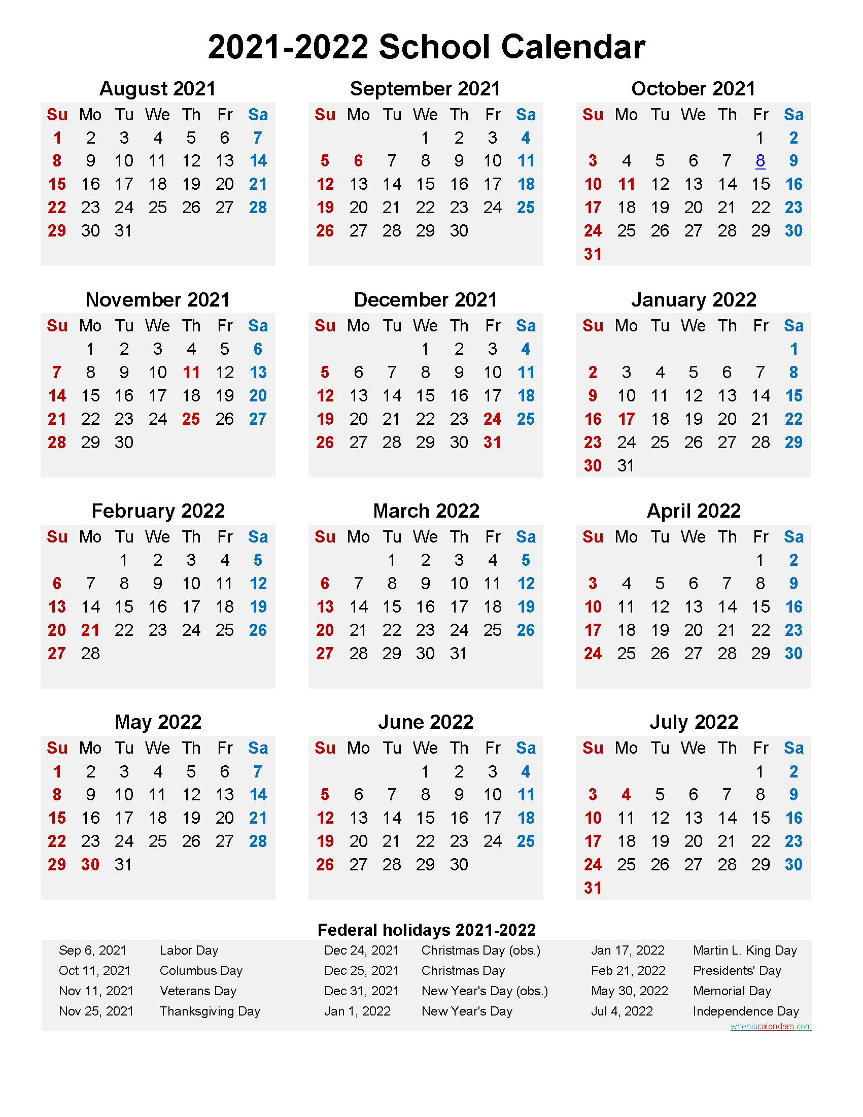Get Calendar 2021 2022 2022 Printable