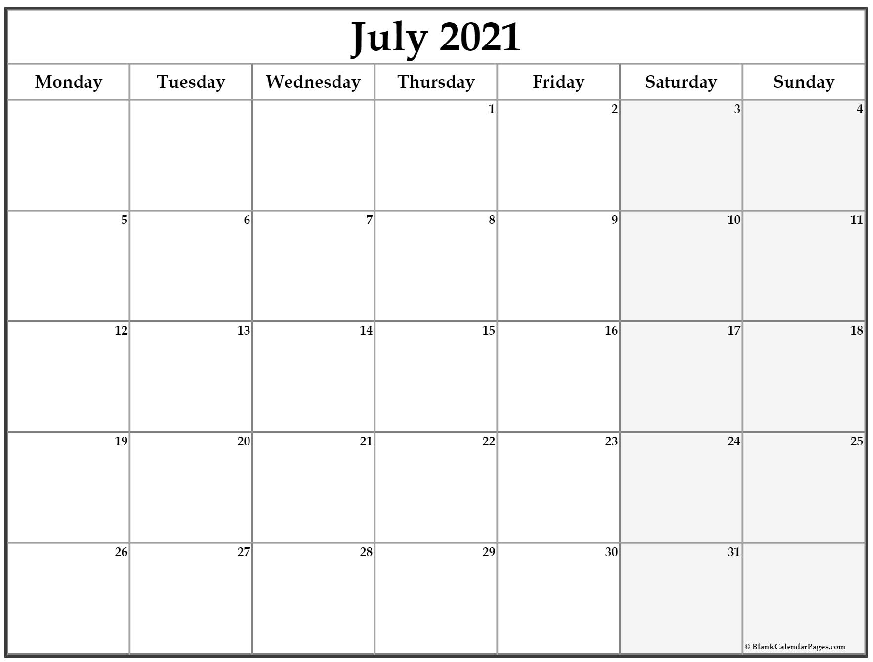 Get Free Calendar 2021 Monday To Sunday