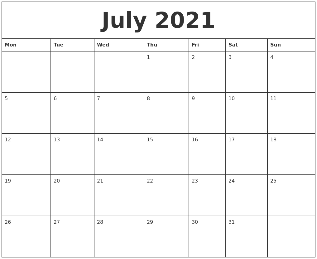 Get Free Calendar 2021 Monday To Sunday