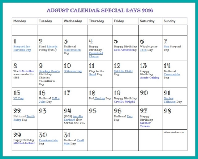 Catch Days Of The Month Calendar With Special Days