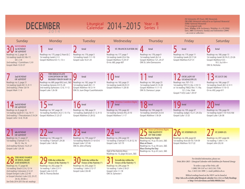 Collect Printable Lectionary Calendar