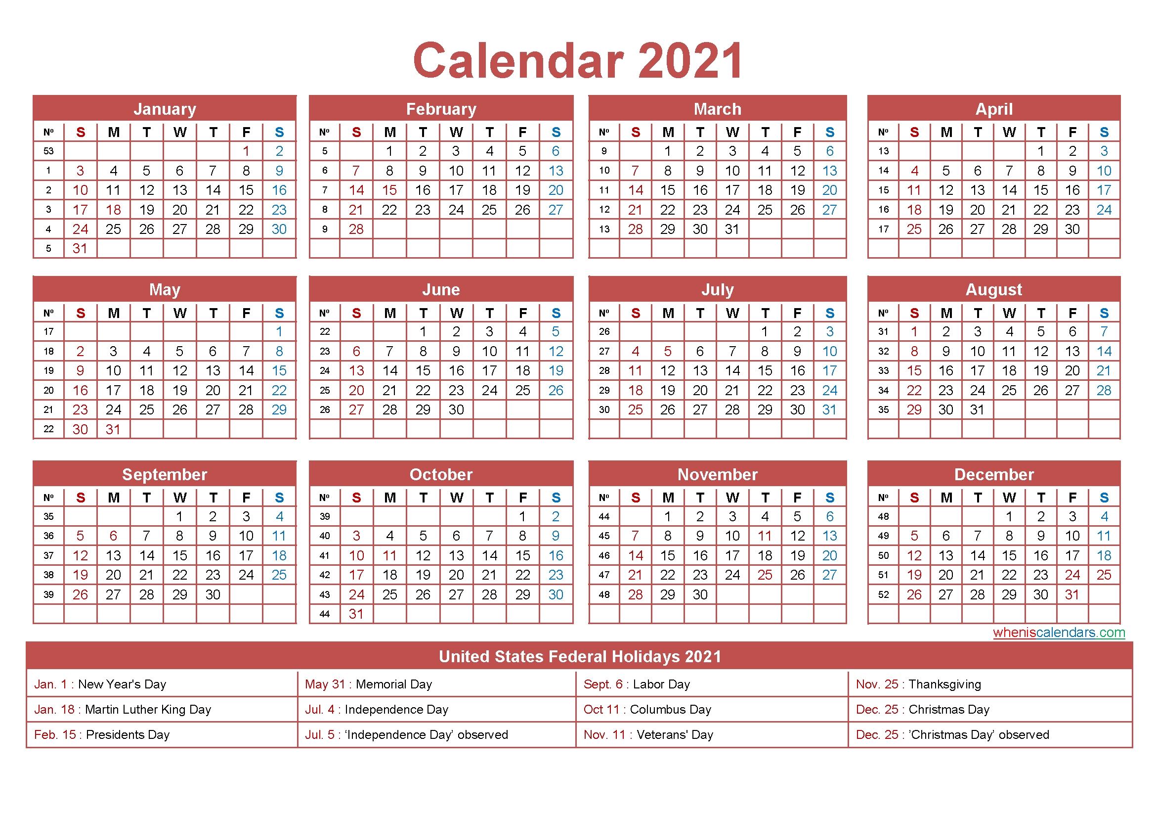 Get 2021 Monthly Calendar Printable Free
