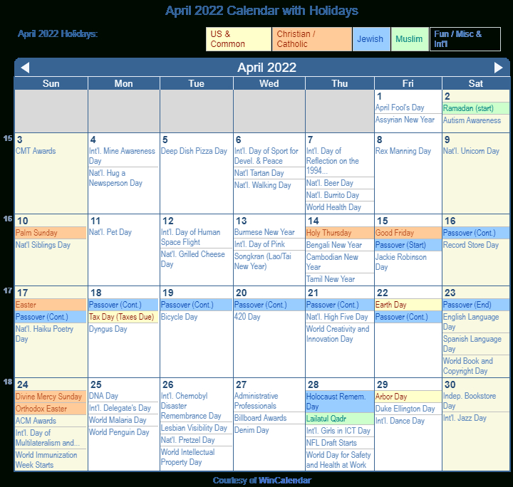 Catch April 2022 Calendar With Holidays Canada