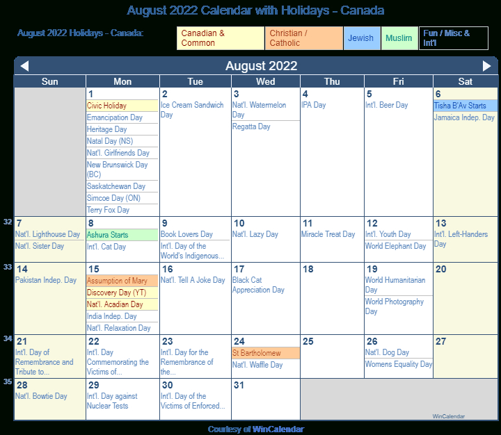 Catch August 2022 Calendar With Holidays Printable