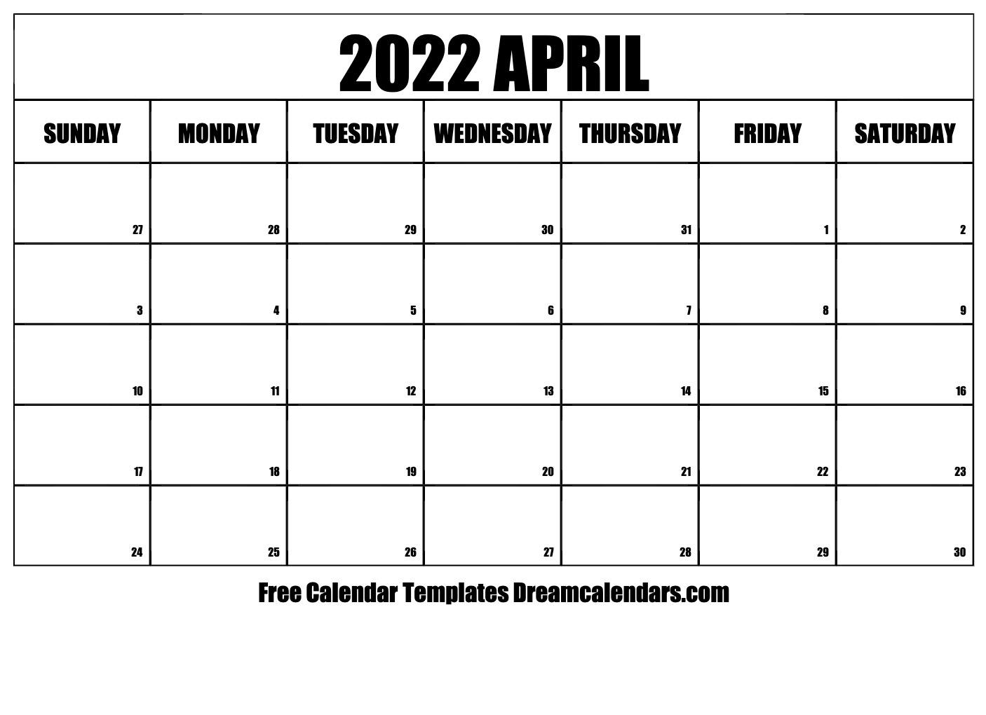 Catch Blank Calendar April 2022 Printable