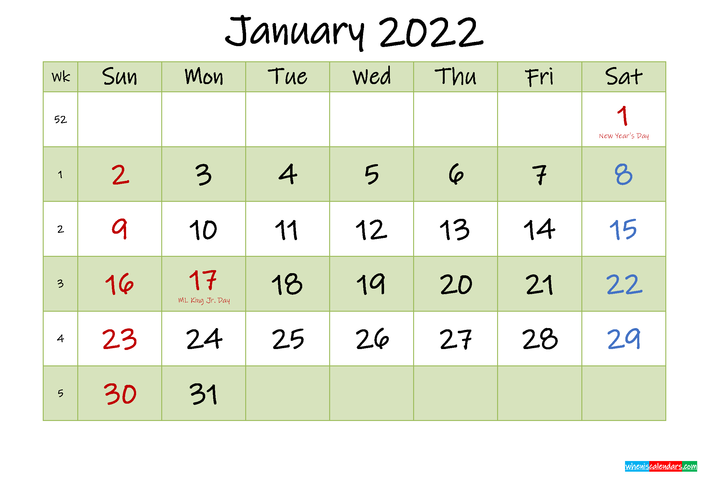 Catch Calendar Of 2022 January