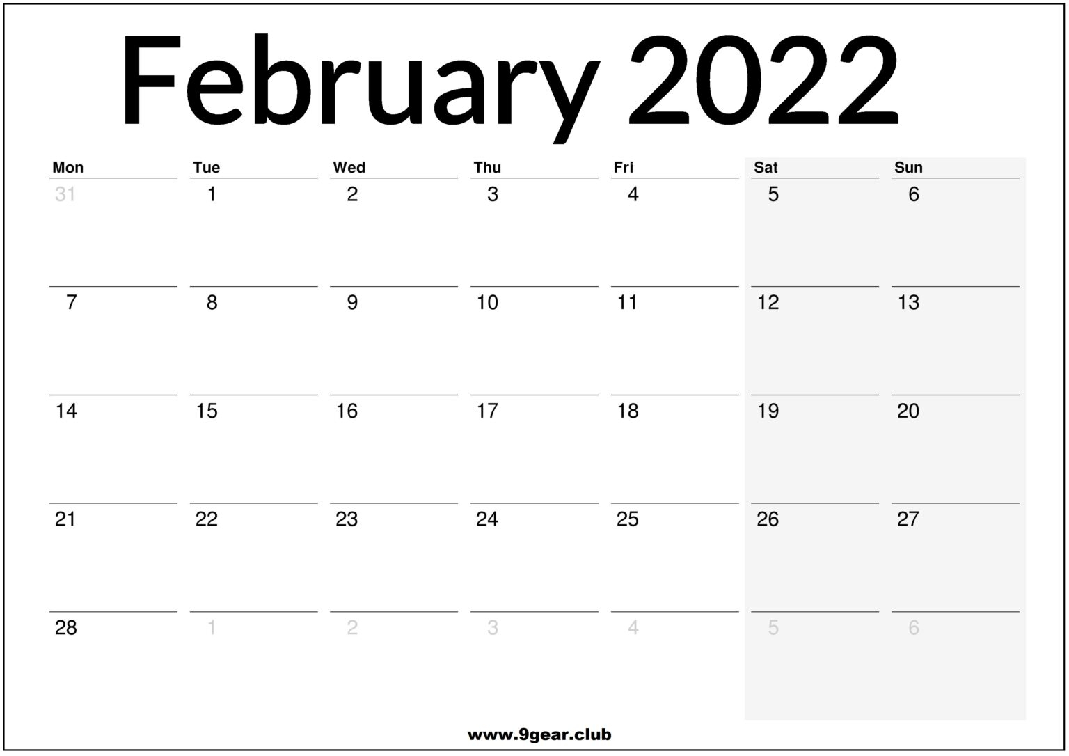 Catch February 2022 English Calendar