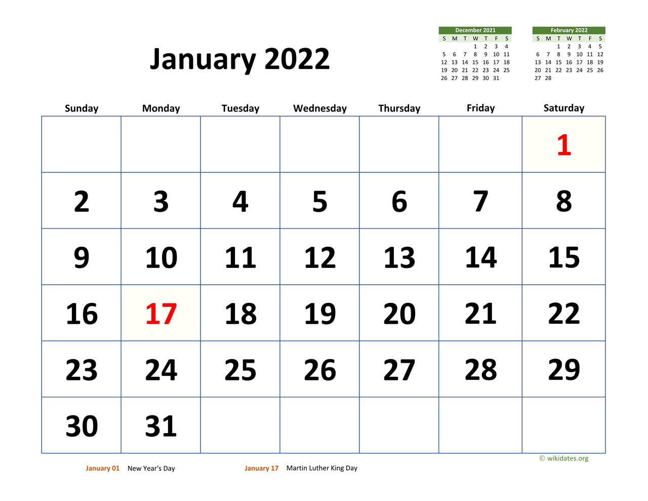 Catch January 2022 Calendar Dates