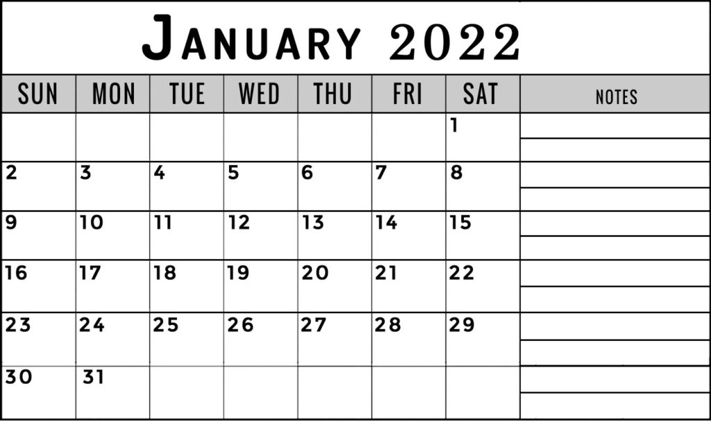 Catch January 2022 Calendar With Notes
