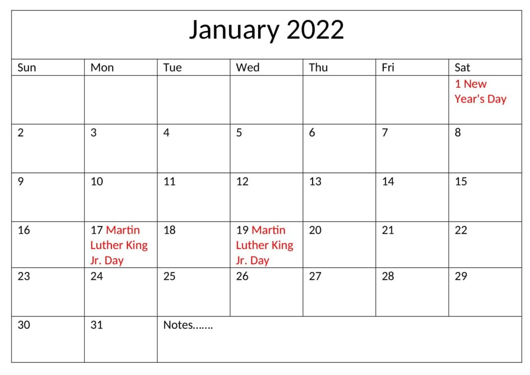 Catch January 2022 National Calendar