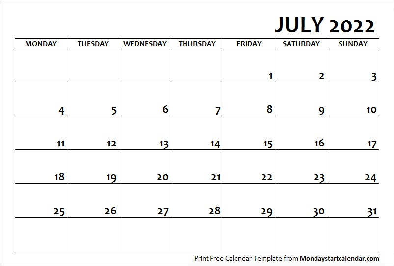 Catch July 2022 Calendar Monday Start
