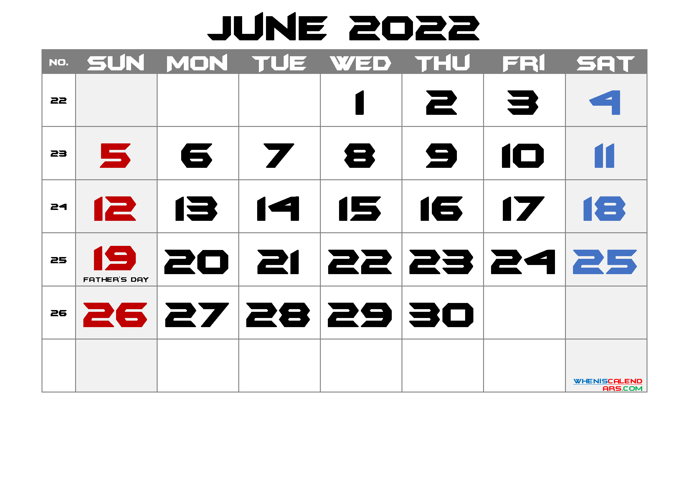 Catch June 2022 Calendar With Holidays Printable