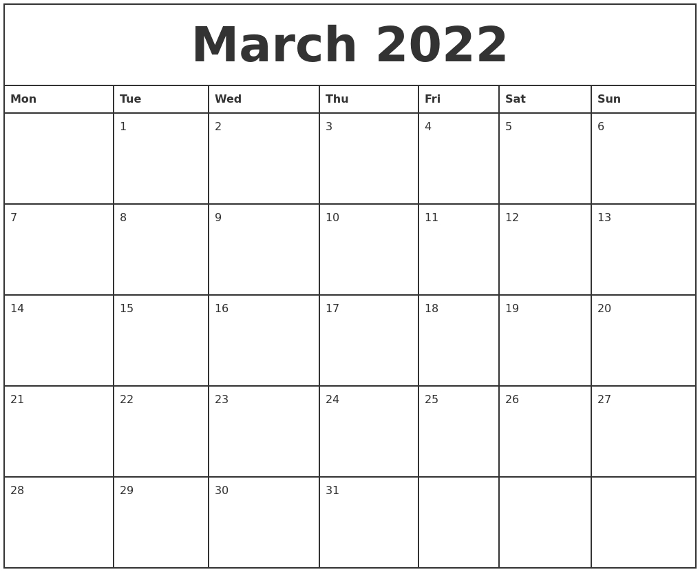 Catch March 2022 Calendar Monday Start