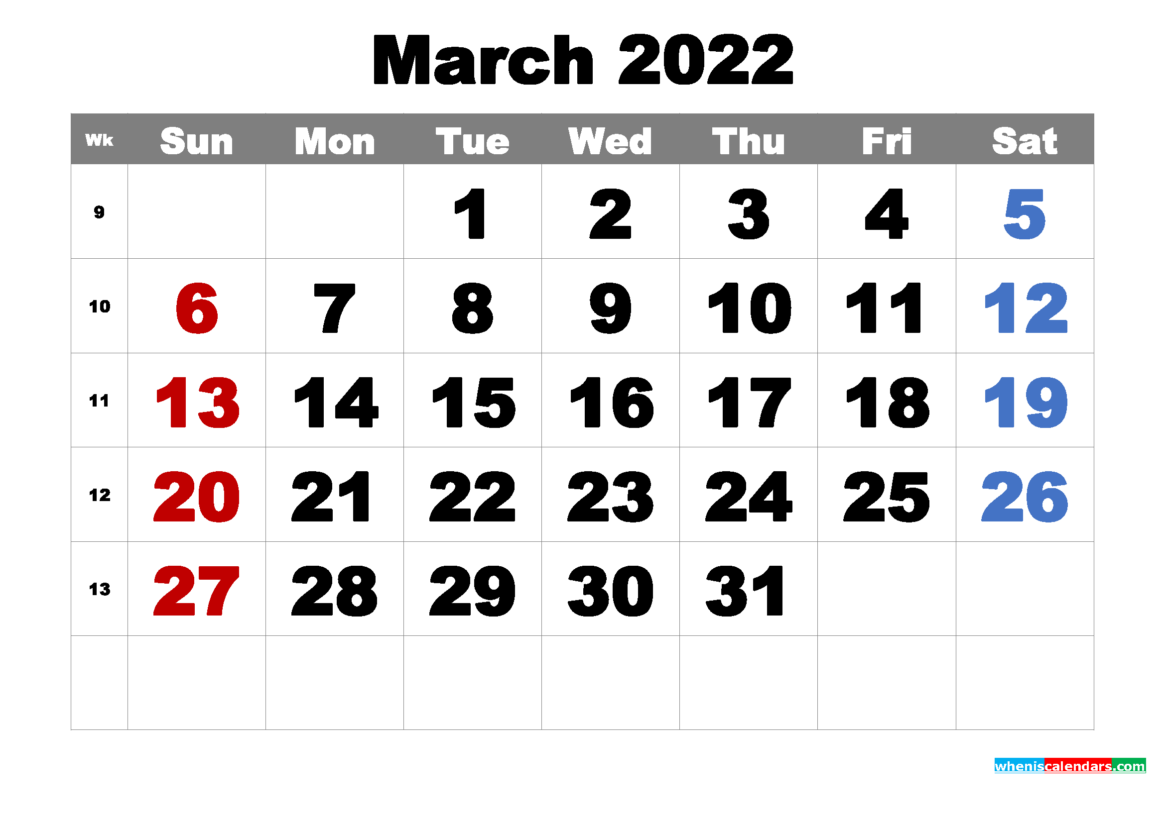 Catch March 2022 Calendar With Holidays Printable