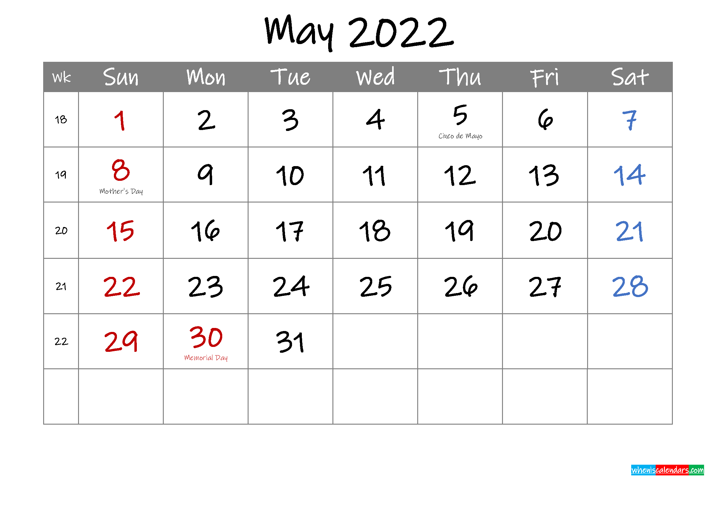 Catch May 2022 Calendar With Holidays Printable