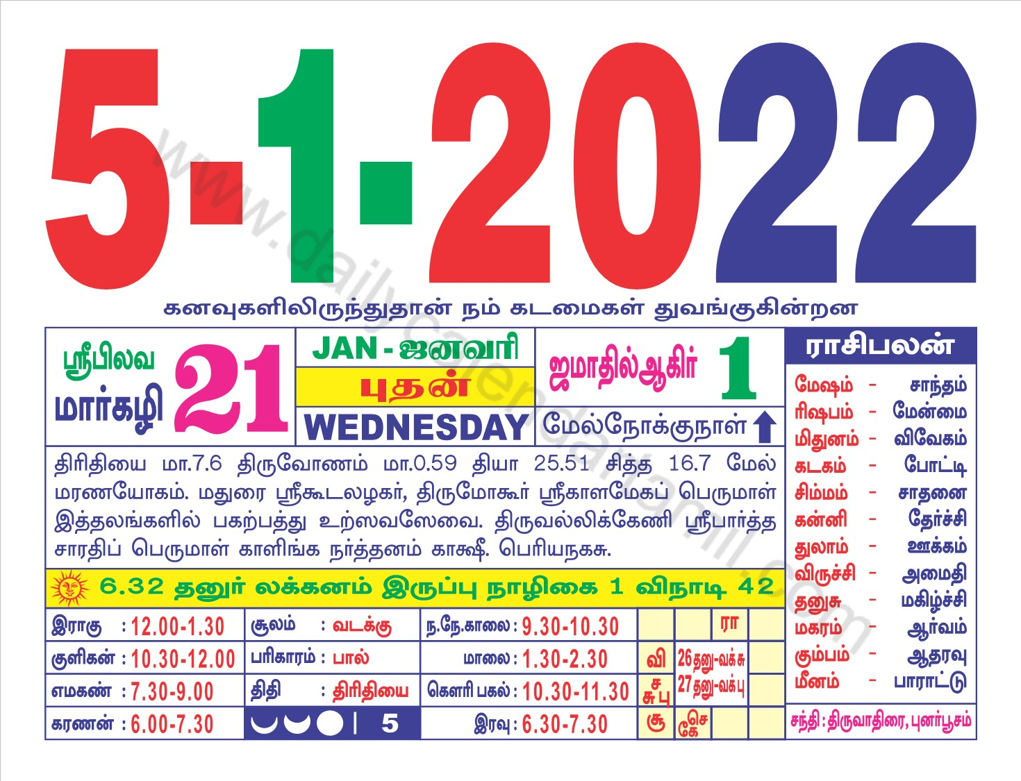 Catch Tamil Calendar 2022 January Pongal