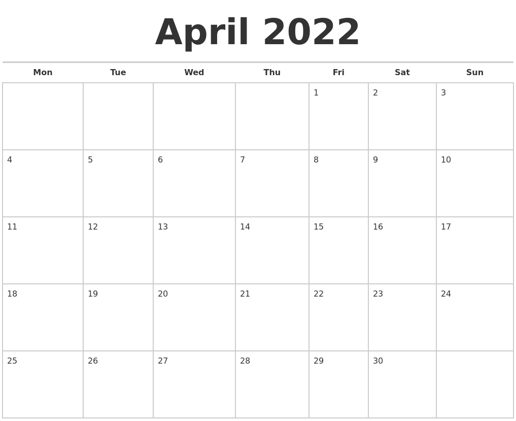 Collect 2022 Calendar Month Of April