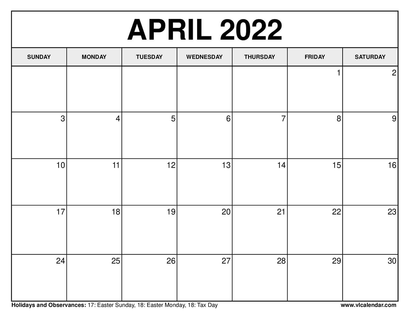 Collect April 2022 Calendar With Us Holidays