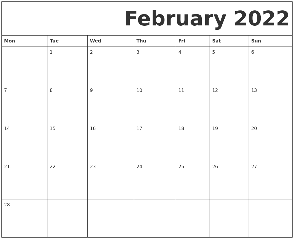 Collect Blank Calendar February 2022 Printable