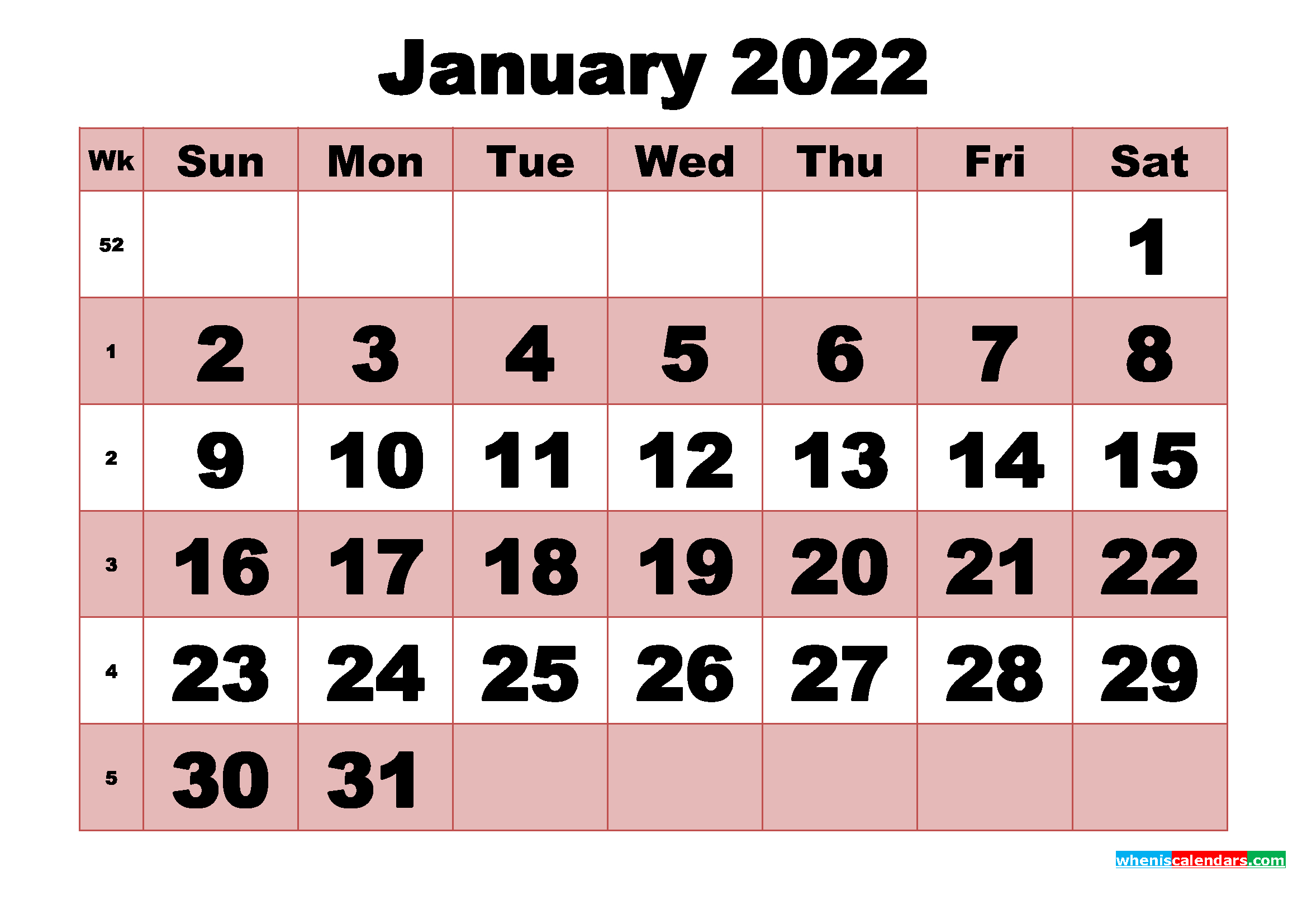 Collect Blank Calendar January 2022 Printable