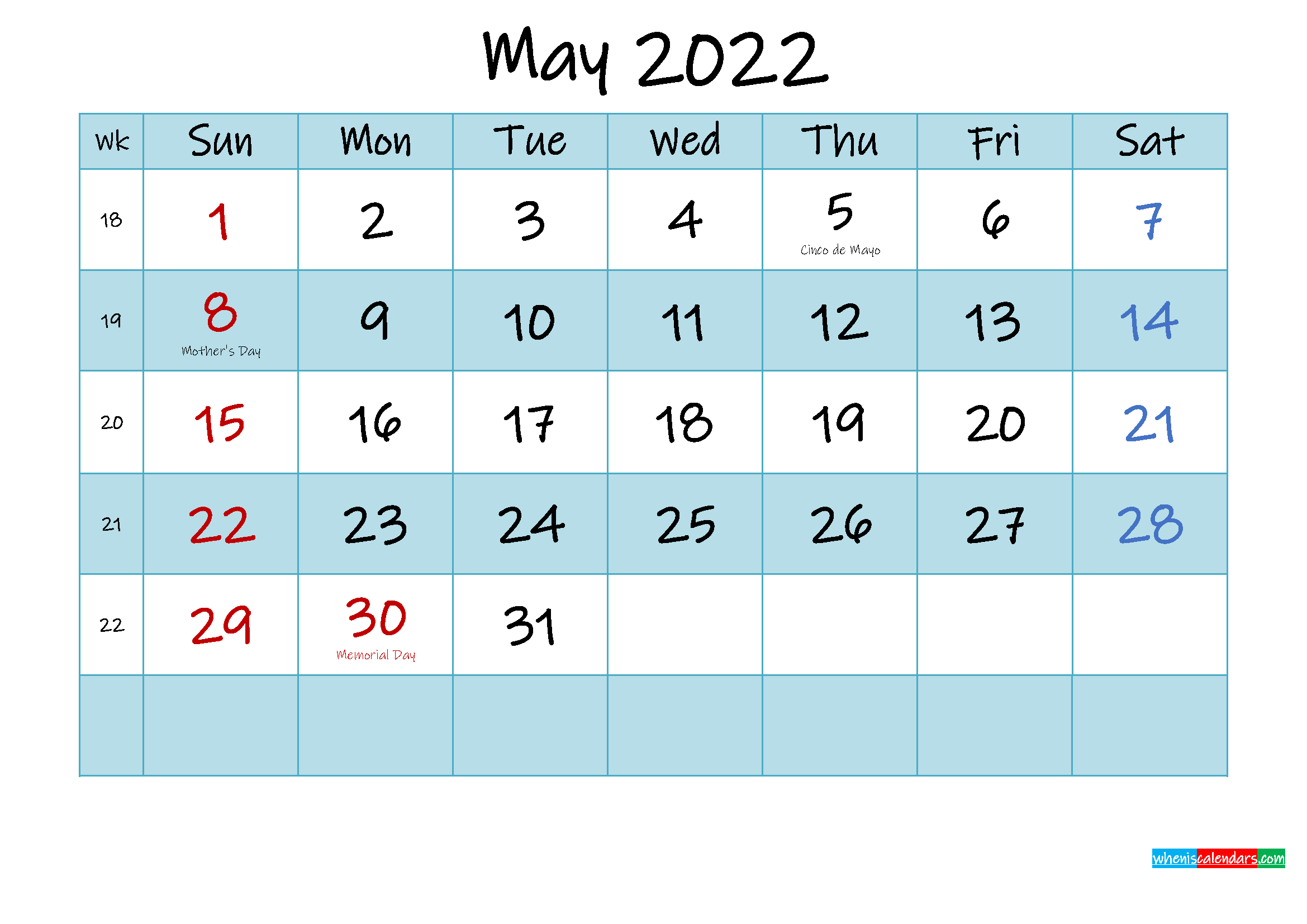 Collect Blank Calendar May 2022 Printable
