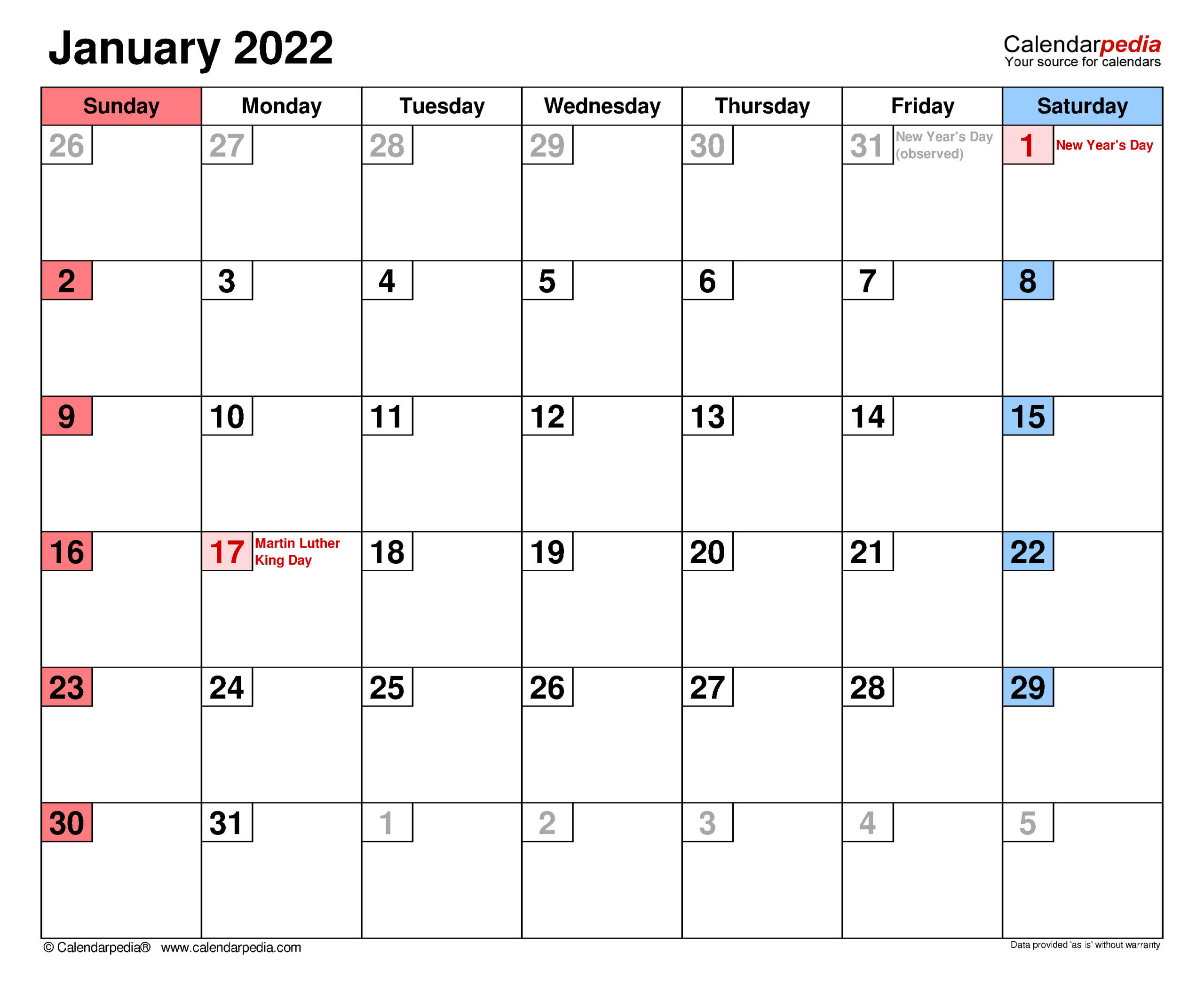 Collect Blank Monthly Calendar January 2022
