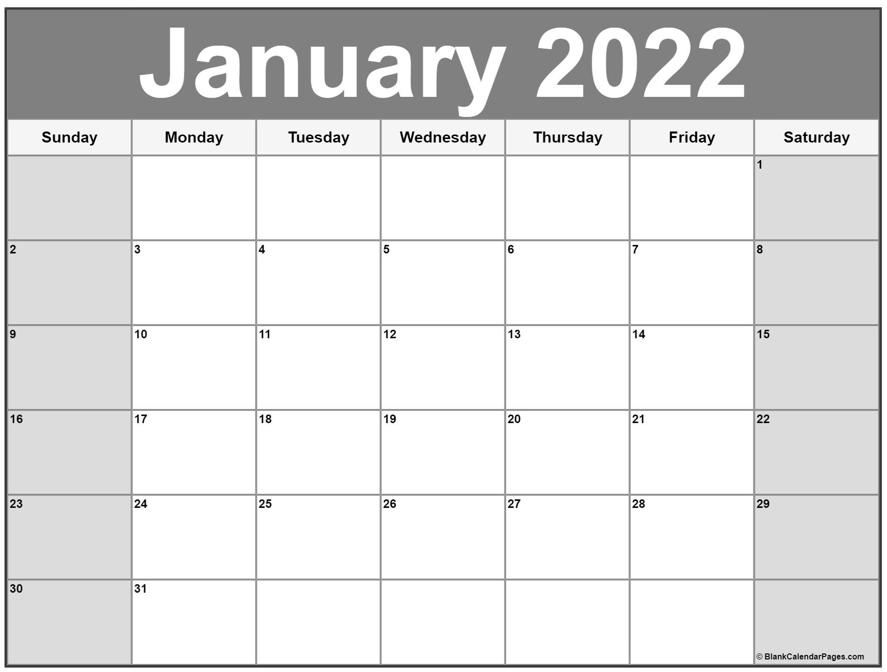 Collect Blank Monthly Calendar January 2022