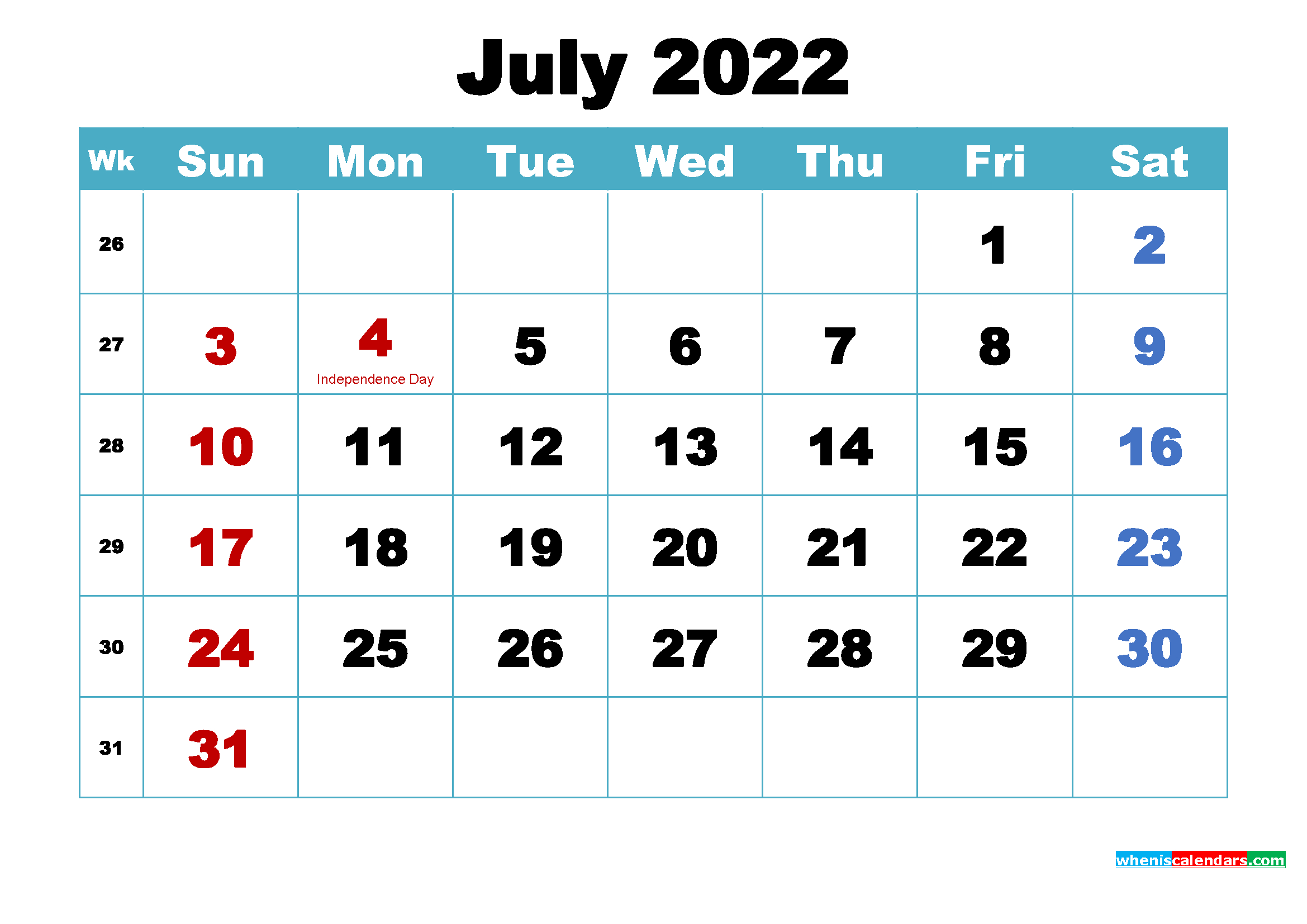 Collect Calendar 2022 July Month