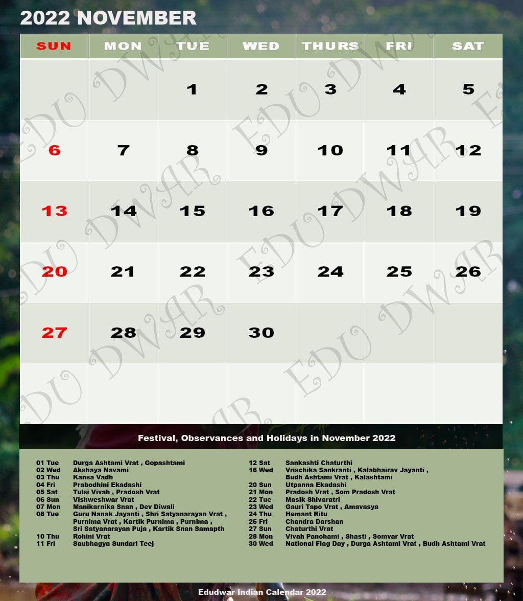 Collect Calendar 2022 November Kalnirnay