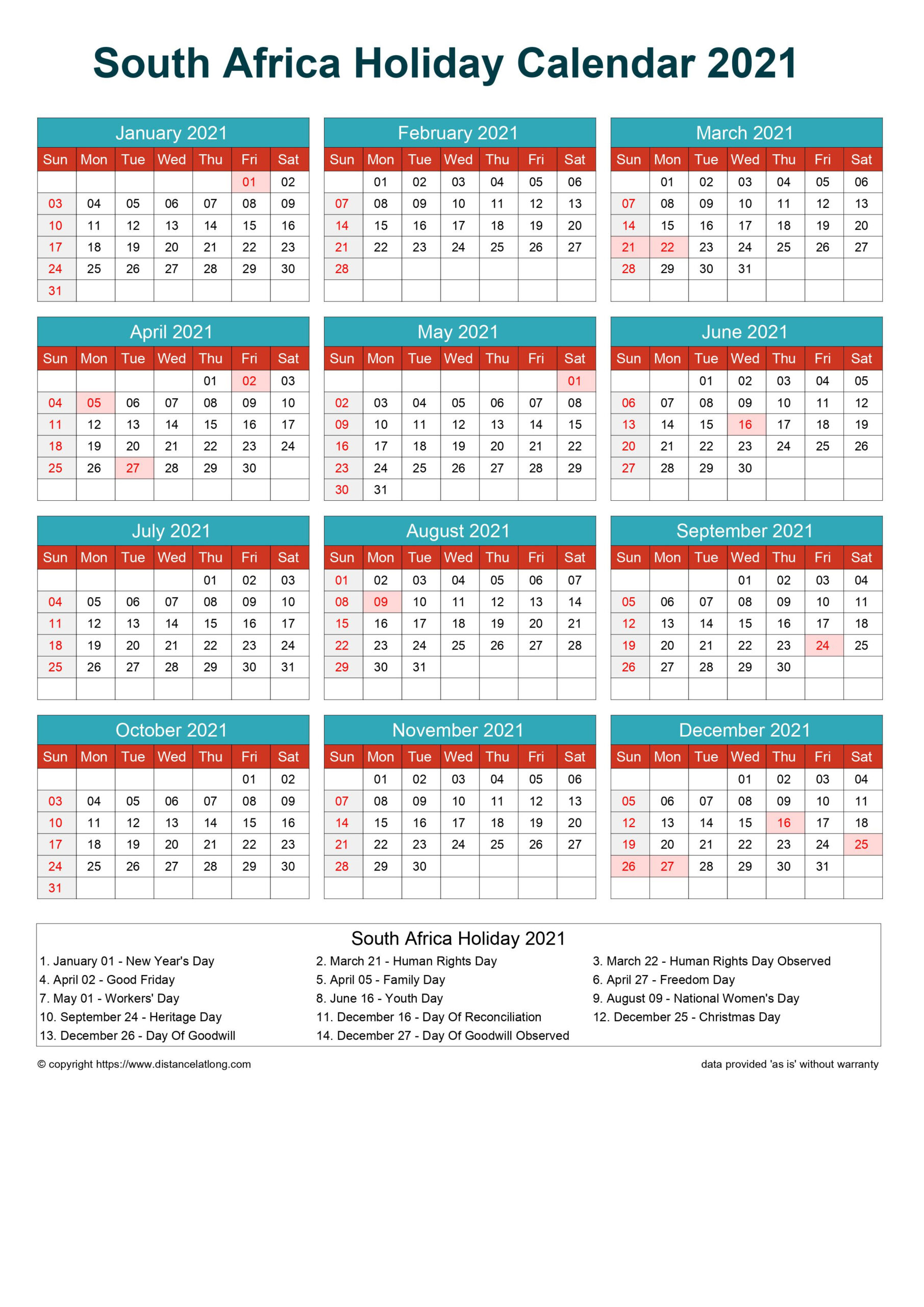 Collect Calendar January 2022 South Africa