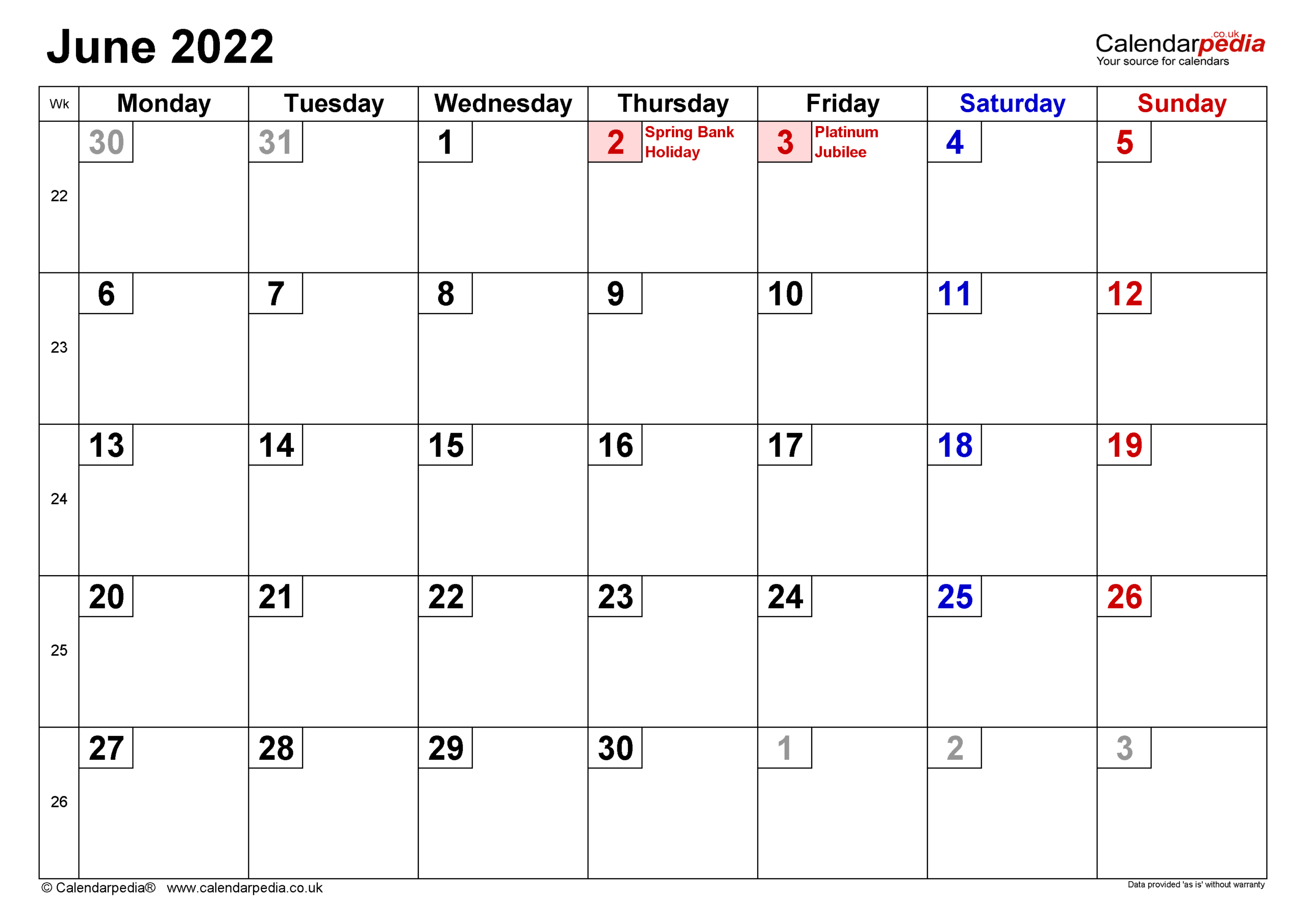 Collect Calendar June 2022 With Holidays