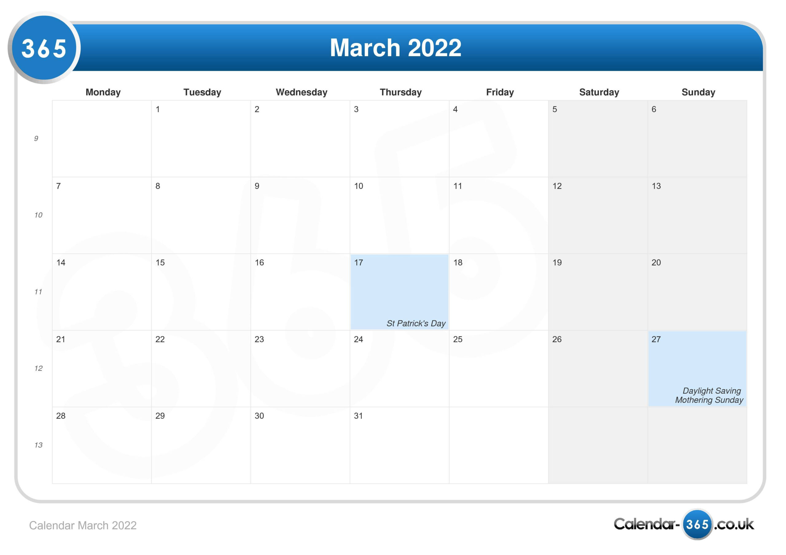 Collect Calendar Of 2022 March