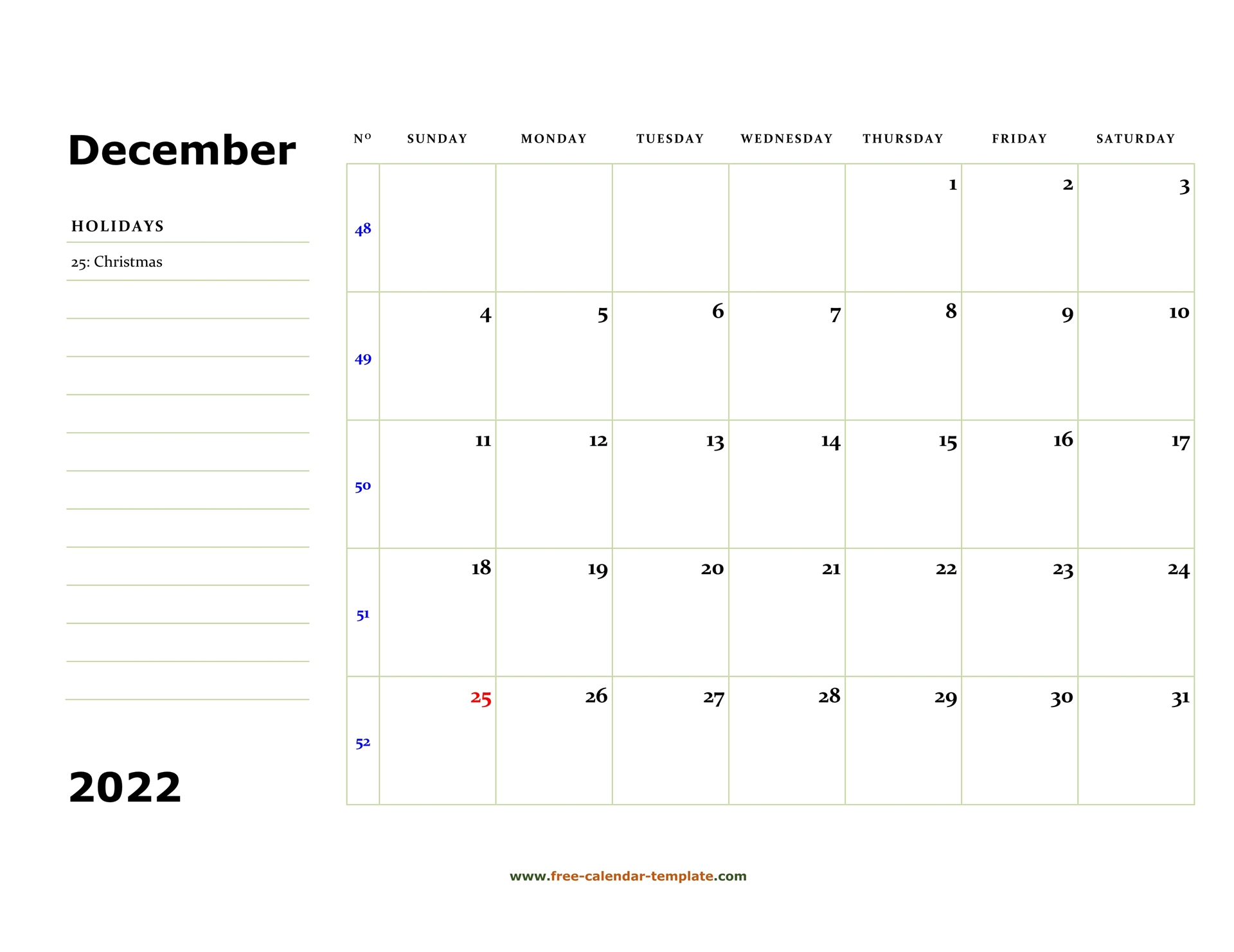 Collect December 2022 Calendar With Holidays Printable