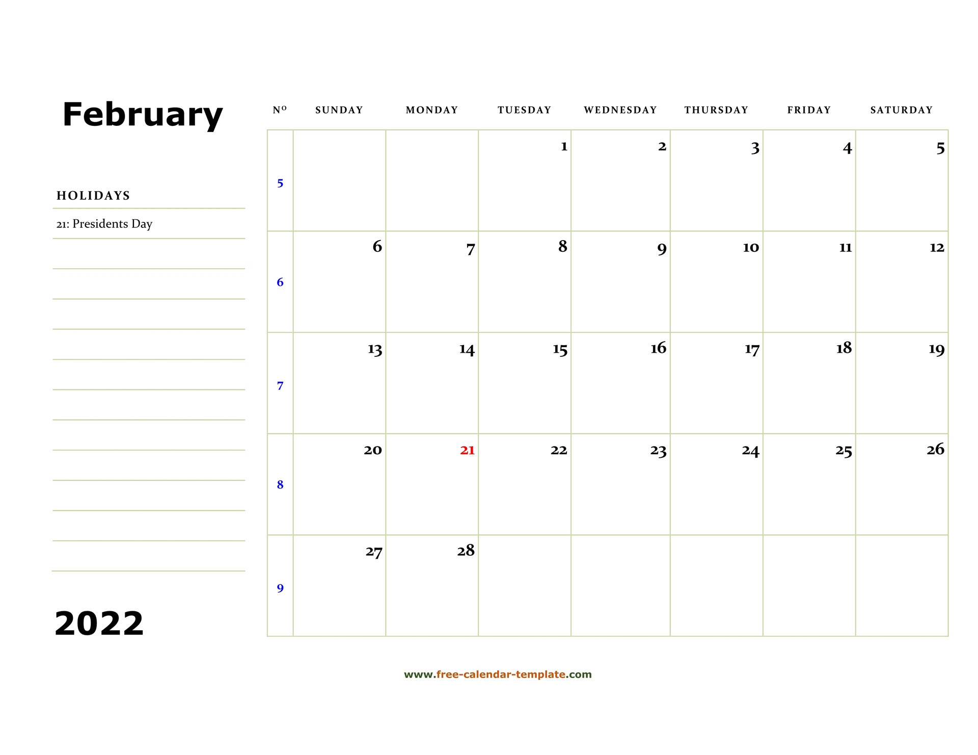 Collect February 2022 Calendar Word