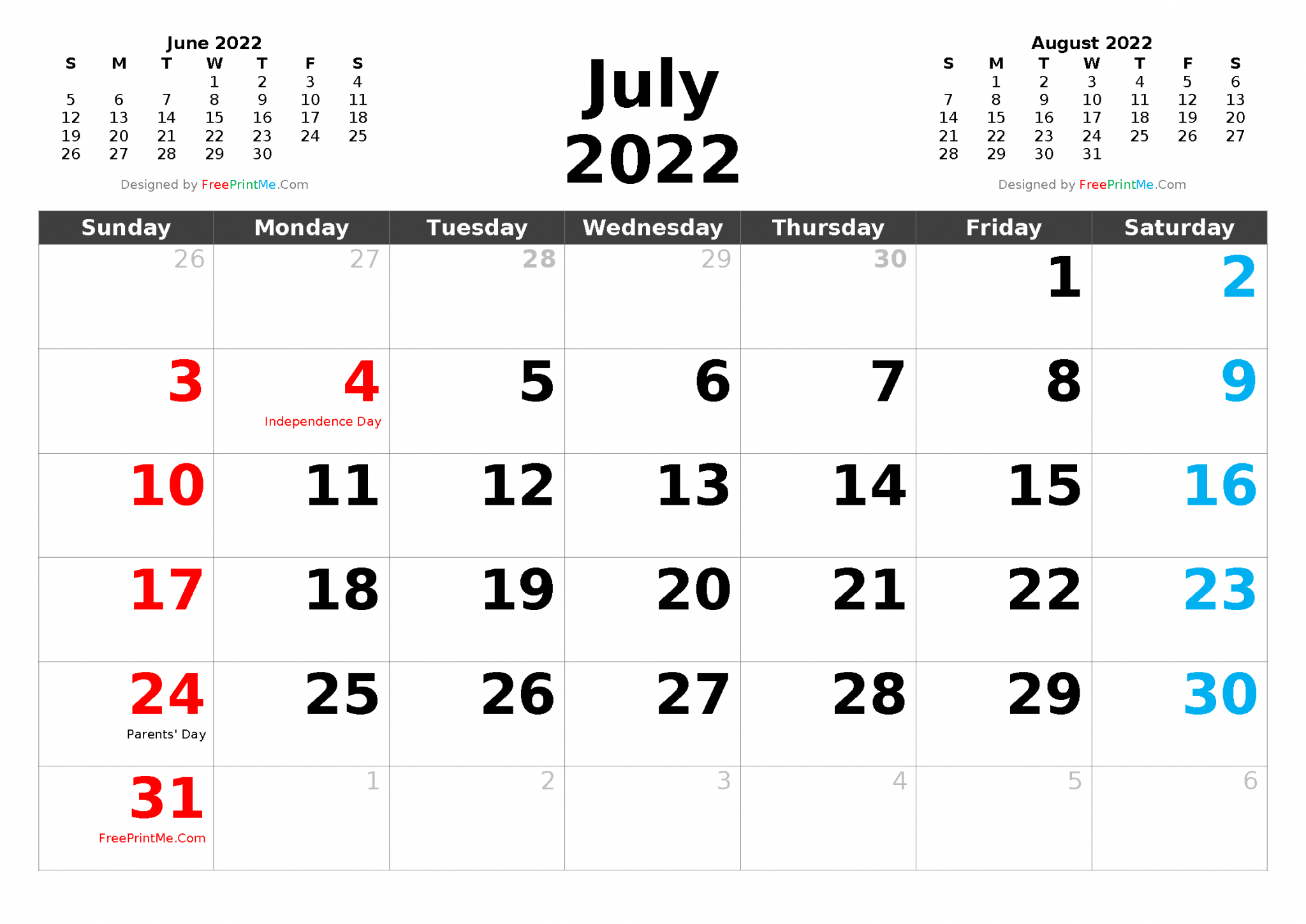 Collect Free Printable Calendar 2022 July