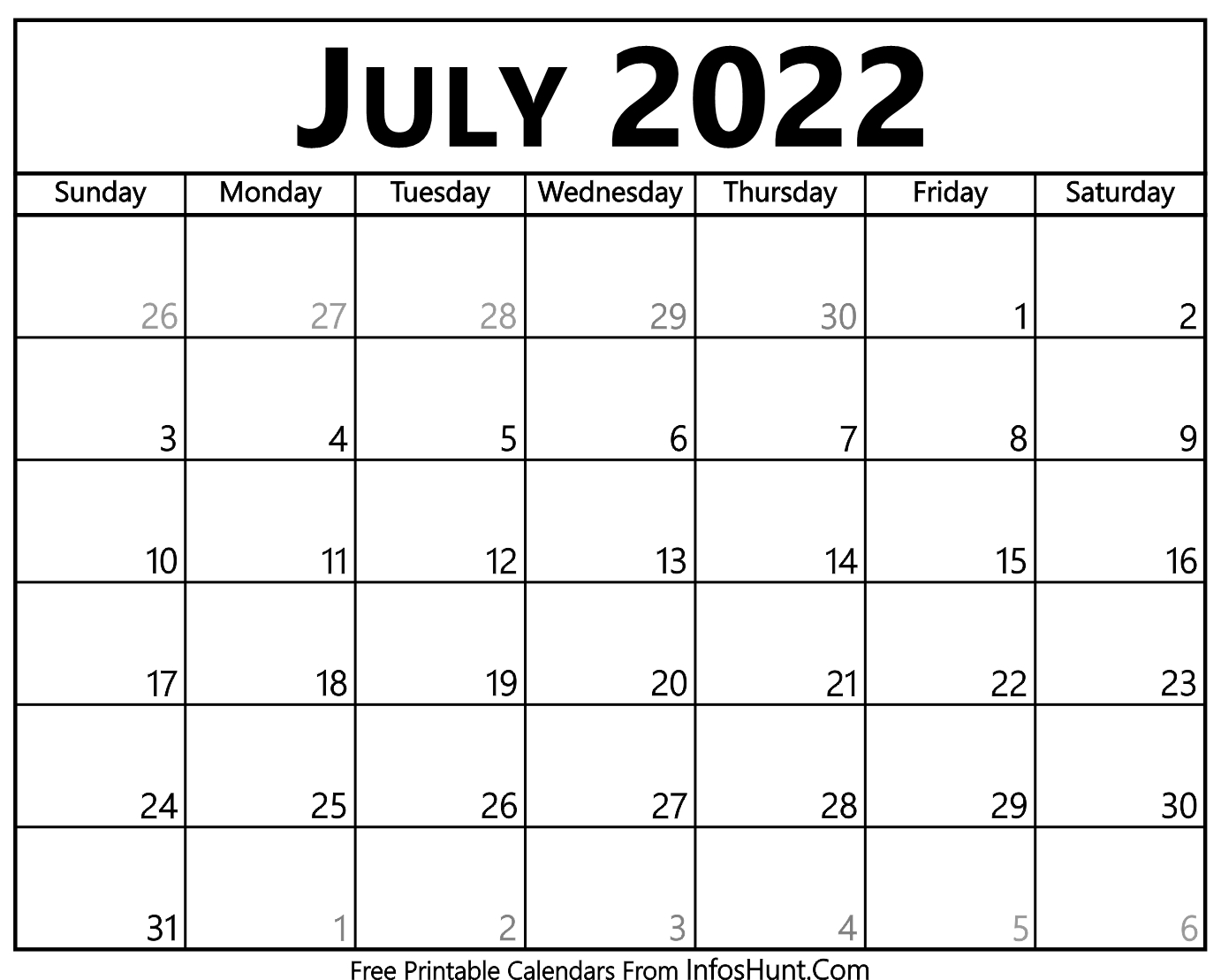 Collect Free Printable Calendar 2022 July
