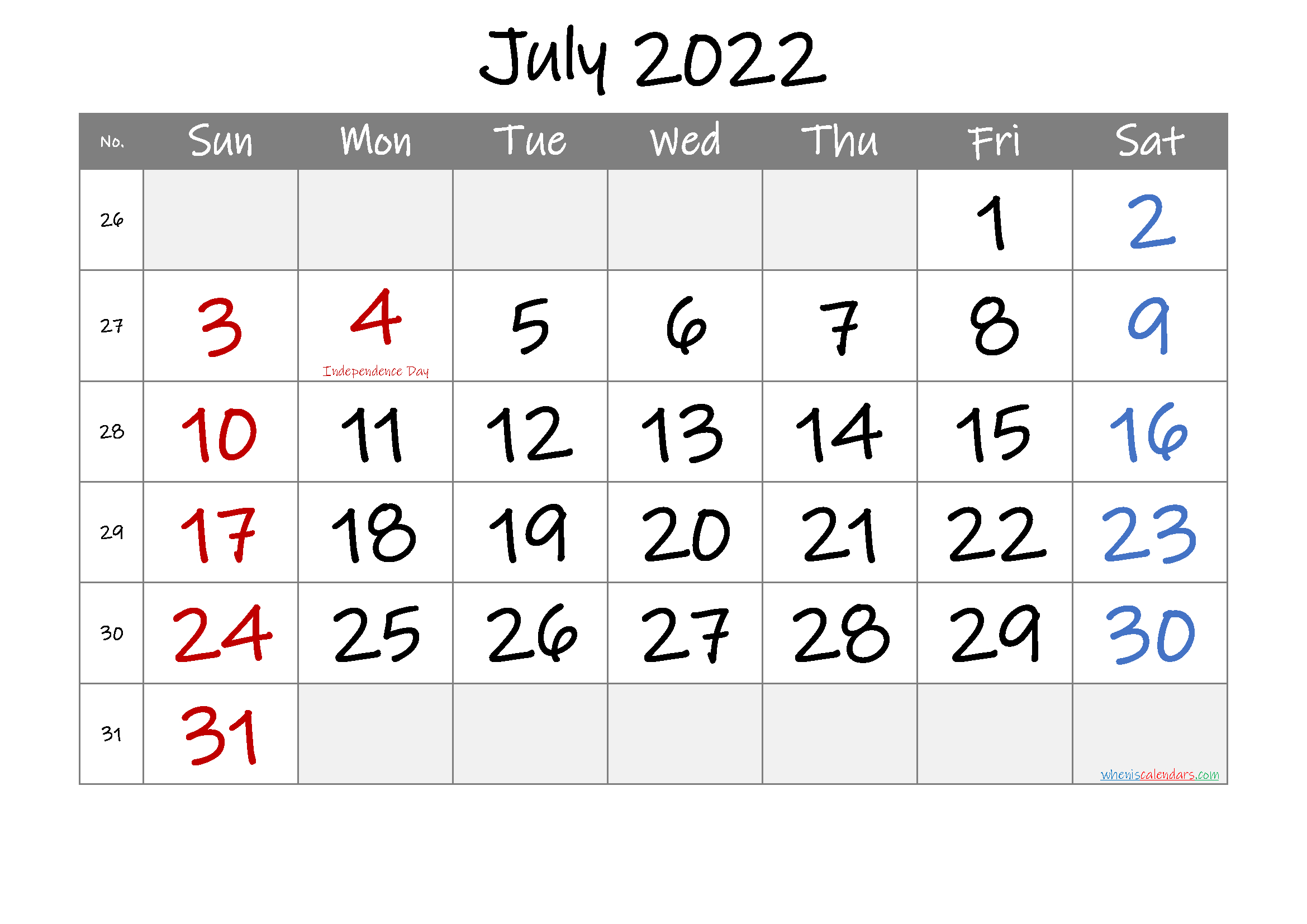 Collect Free Printable Calendar 2022 July