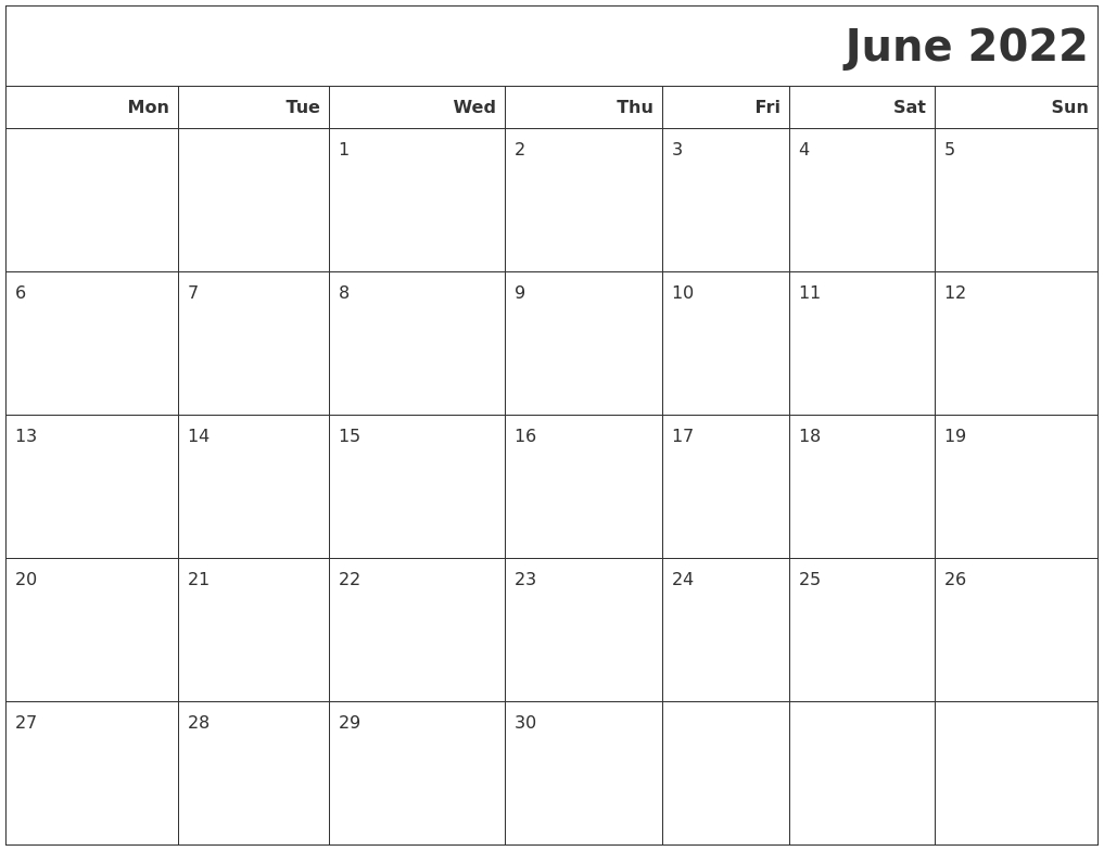 Collect Free Printable Calendar For June 2022