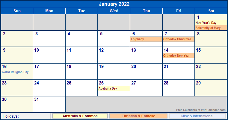Collect Free Printable Calendar January 2022 With Holidays