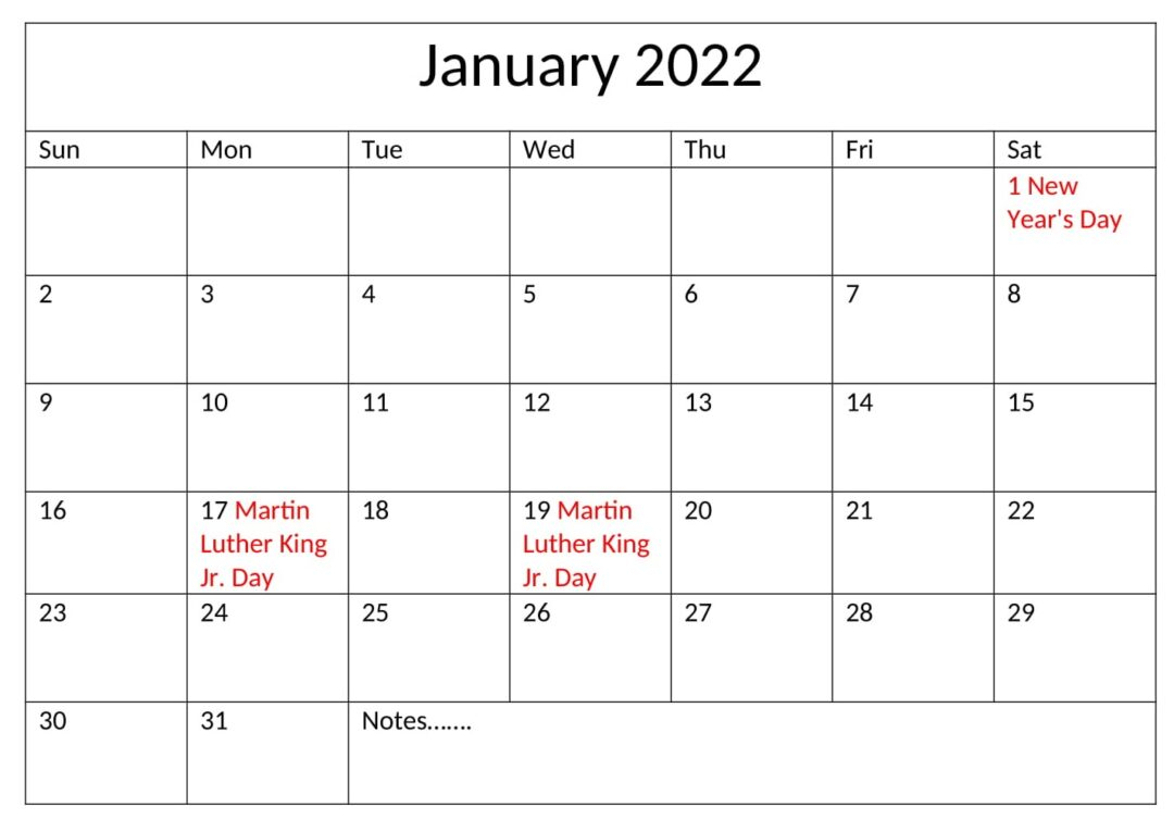Collect Free Printable Calendar January 2022 With Holidays