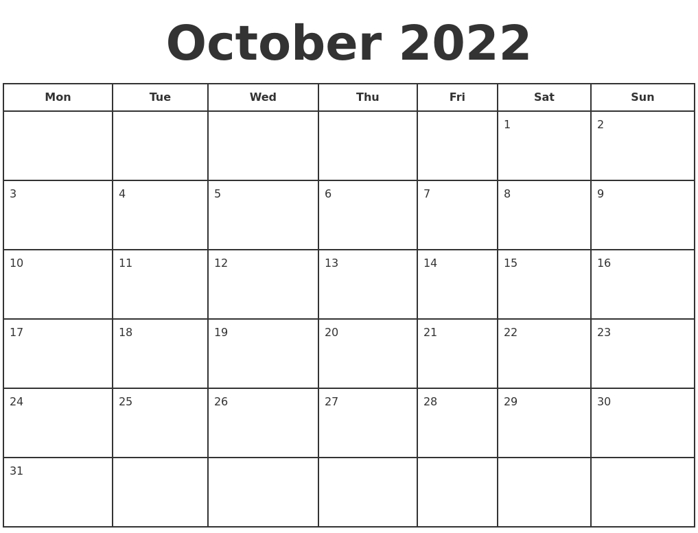 Collect Free Printable Calendar October 2022