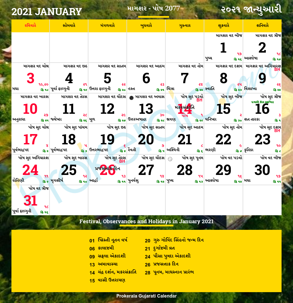 Collect Gujarati Calendar January 2022 With Tithi