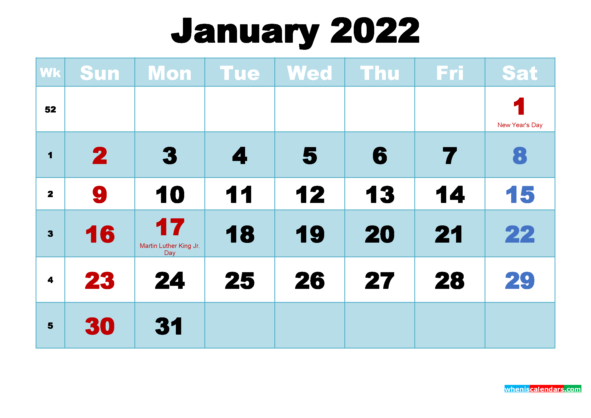 Collect January 2022 Calendar Printable