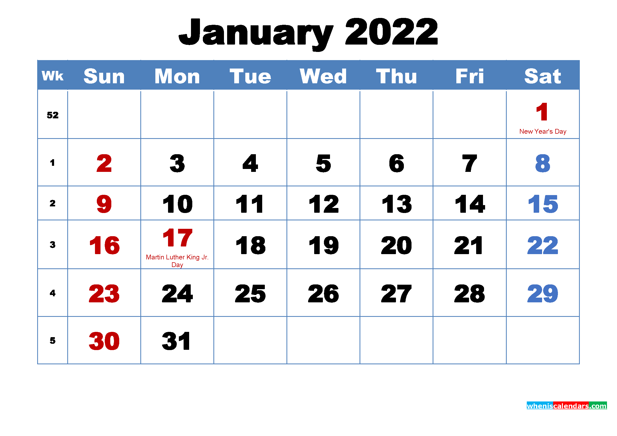 Collect January 2022 Calendar Special Days