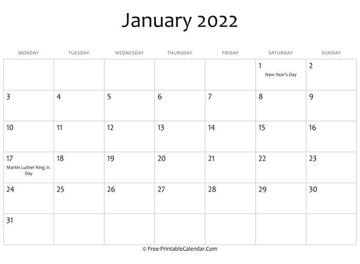 Collect January 2022 Printable Calendar Landscape
